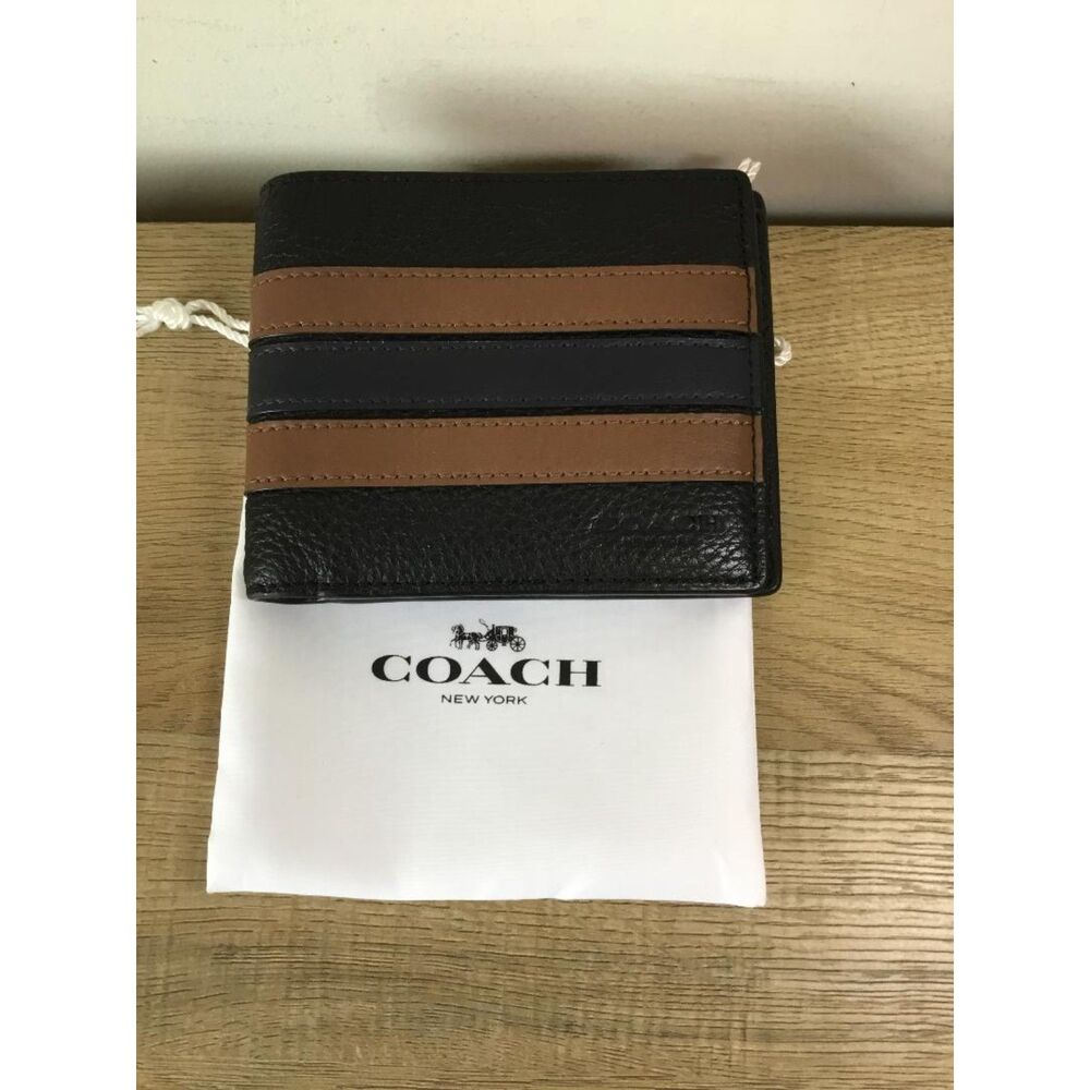 Coach Bifold Wallet Mens Varsity Stripe Pebbled Leather w/Dustbag
